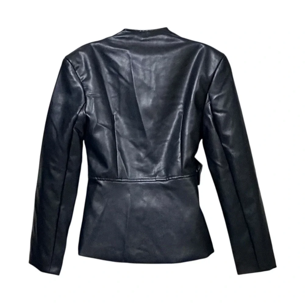 Missguided Womens Faux Leather Wrap Jacket Black Peplum Stand Collar medium